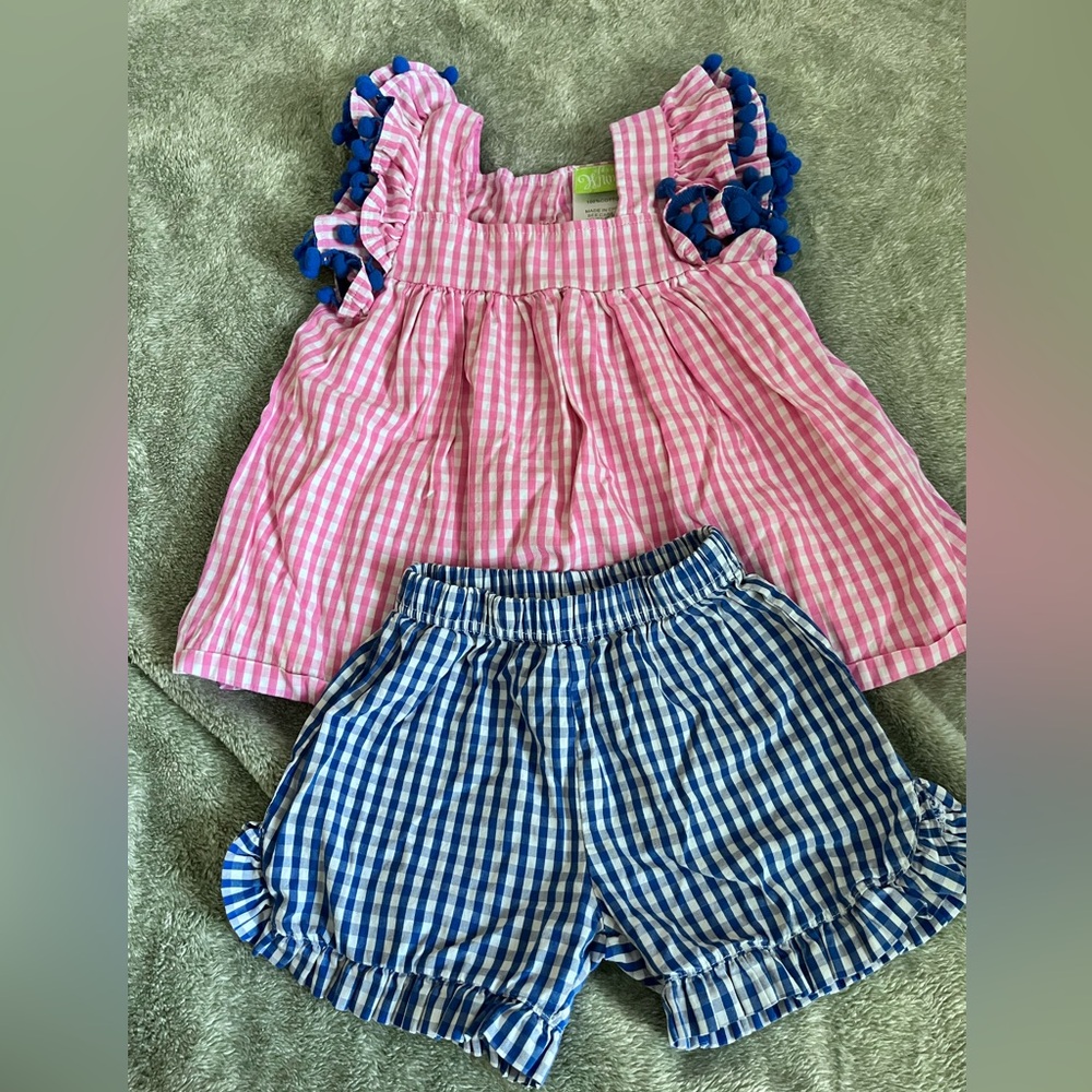 Girls Pink and Blue Gingham Flutter Sleeve Matching Set with Shorts 4T